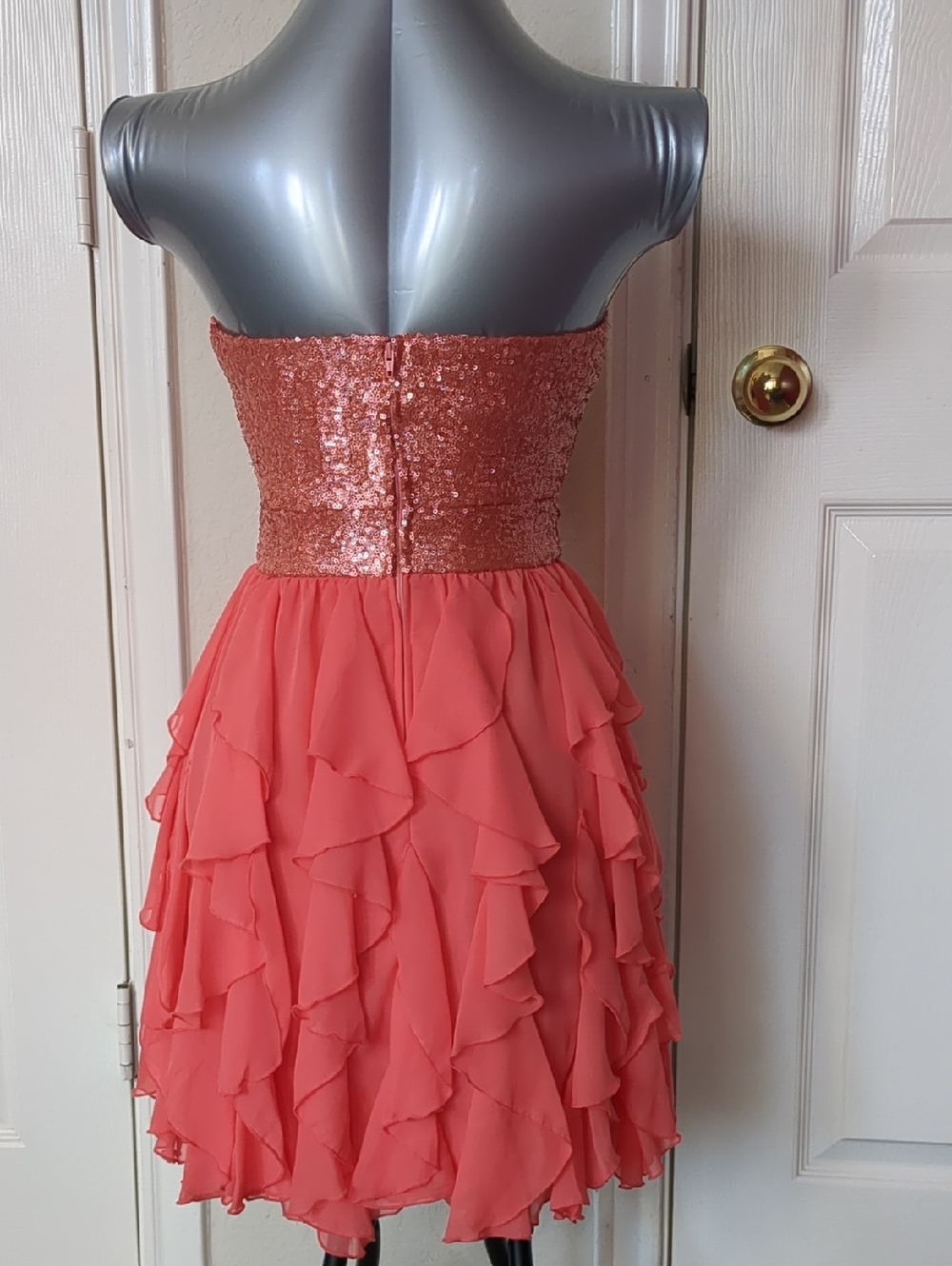 Windsor Coral Pink Strapless Sequin Bodice-Shifon Ruffle-Tiers Skirt/Mini Dress - Picture 11 of 13